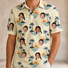 Model wearing Men's Vinyl Vista Custom Face Polo Shirt printed with kids' faces