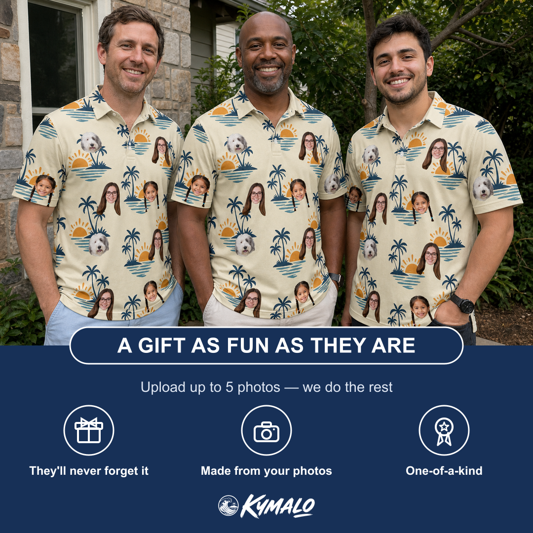Friends in matching Men's Vinyl Vista Custom Face Polo Shirt — a group gift photo
