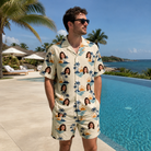 Real-life photo of someone wearing Men's Vinyl Vista Custom Face Shirt & Shorts Set — custom faces printed all-over