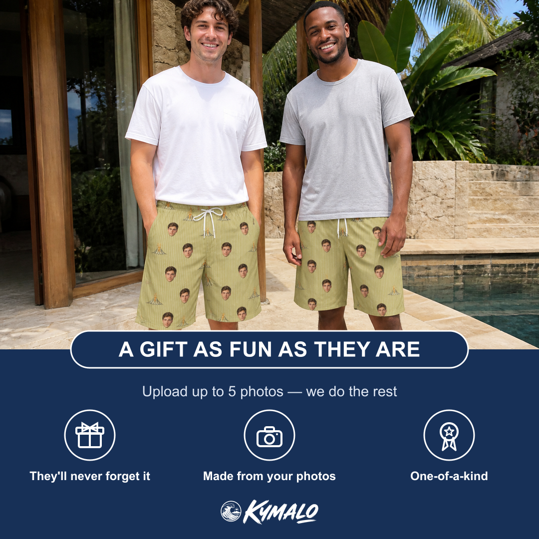 Friends in matching Men's Cinder Calypso Custom Face Beach Shorts — a group gift photo