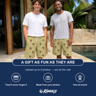 Friends in matching Men's Cinder Calypso Custom Face Beach Shorts — a group gift photo