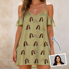 Woman wearing Women's Cinder Calypso Custom Face Off-Shoulder Dress — custom faces printed all-over