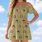 Model wearing Women's Cinder Calypso Custom Face Off-Shoulder Dress printed with kids' faces