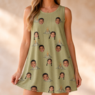 Model wearing Women's Cinder Calypso Custom Face Tank Dress printed with kids' faces
