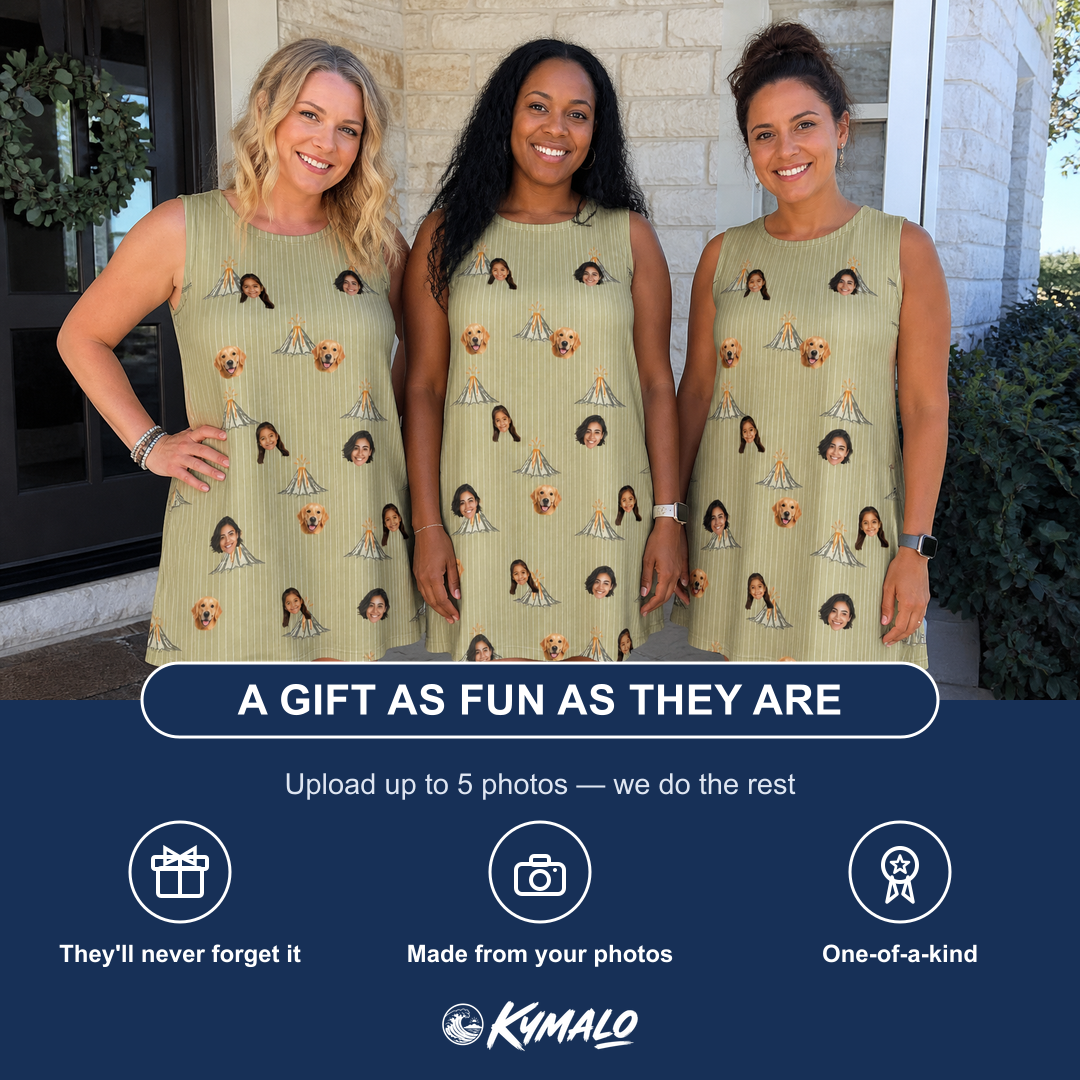 Friends in matching Women's Cinder Calypso Custom Face Tank Dress — a group gift photo