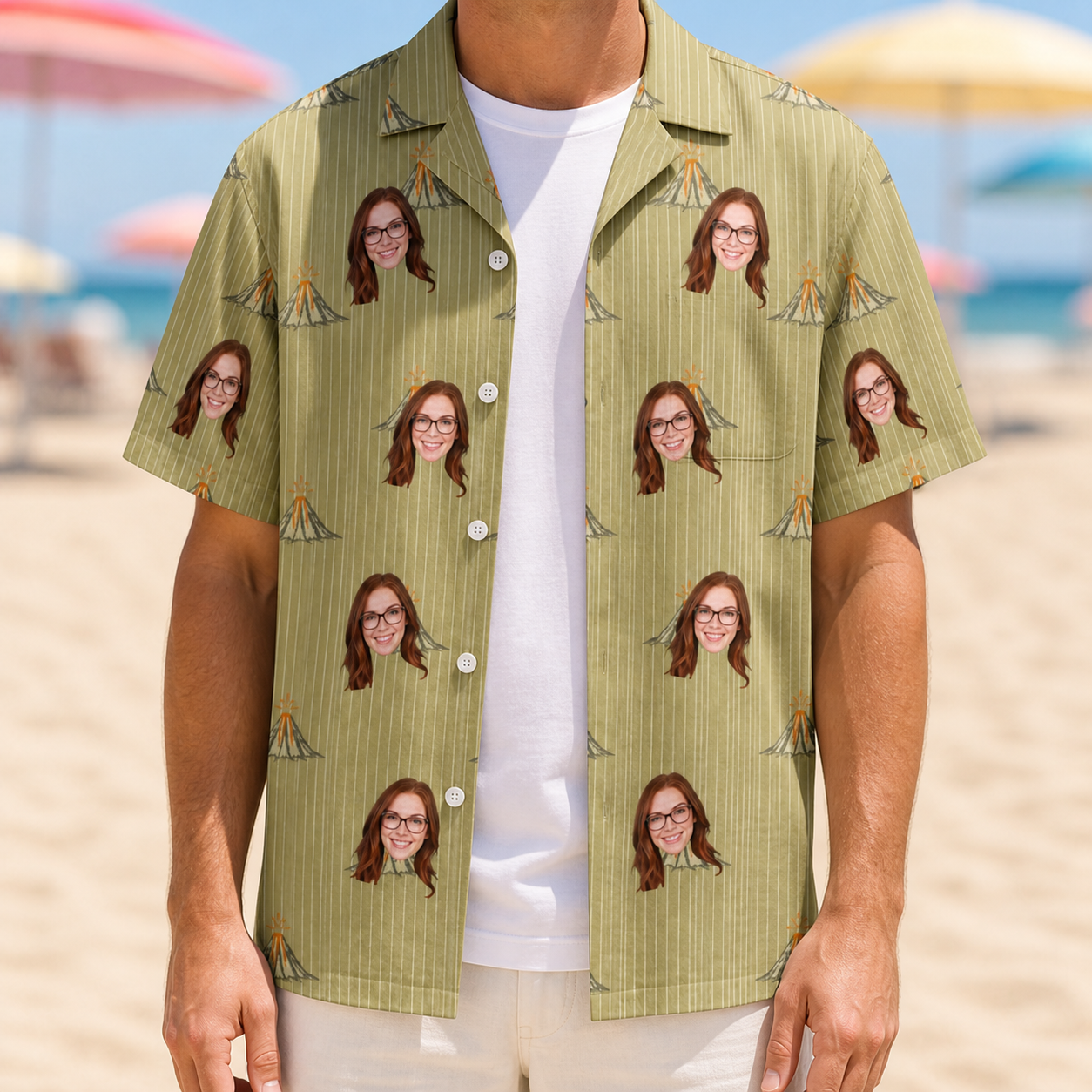 Man wearing Men's Cinder Calypso Custom Face Hawaiian Shirt open over a white tee
