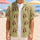 Man wearing Men's Cinder Calypso Custom Face Hawaiian Shirt open over a white tee