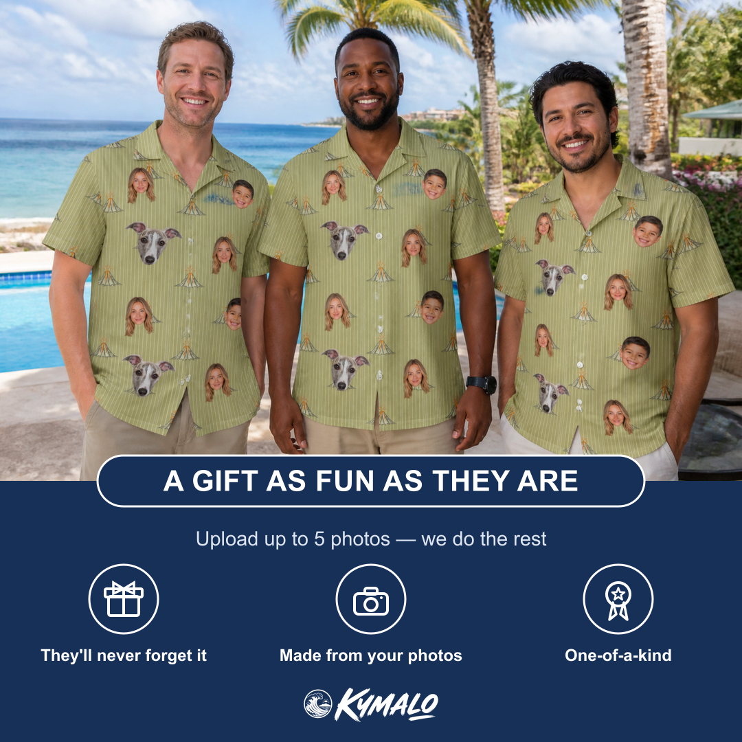 Friends in matching Men's Cinder Calypso Custom Face Hawaiian Shirt — a group gift photo