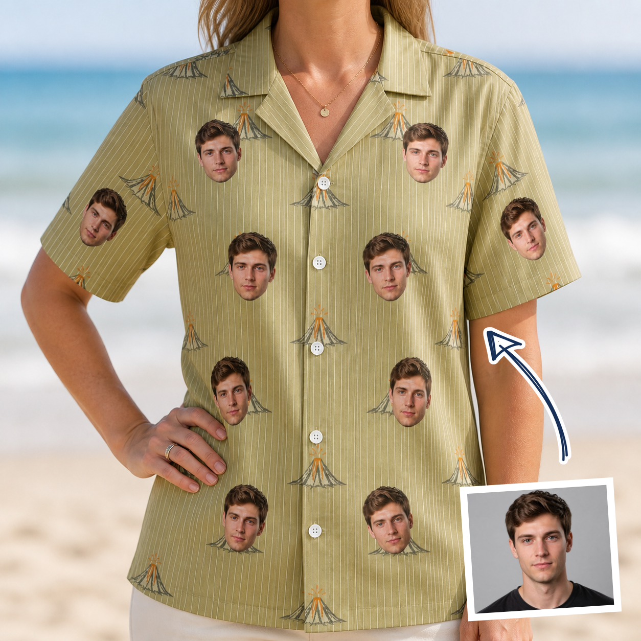Woman wearing Women's Cinder Calypso Custom Face Hawaiian Shirt — custom faces printed all-over