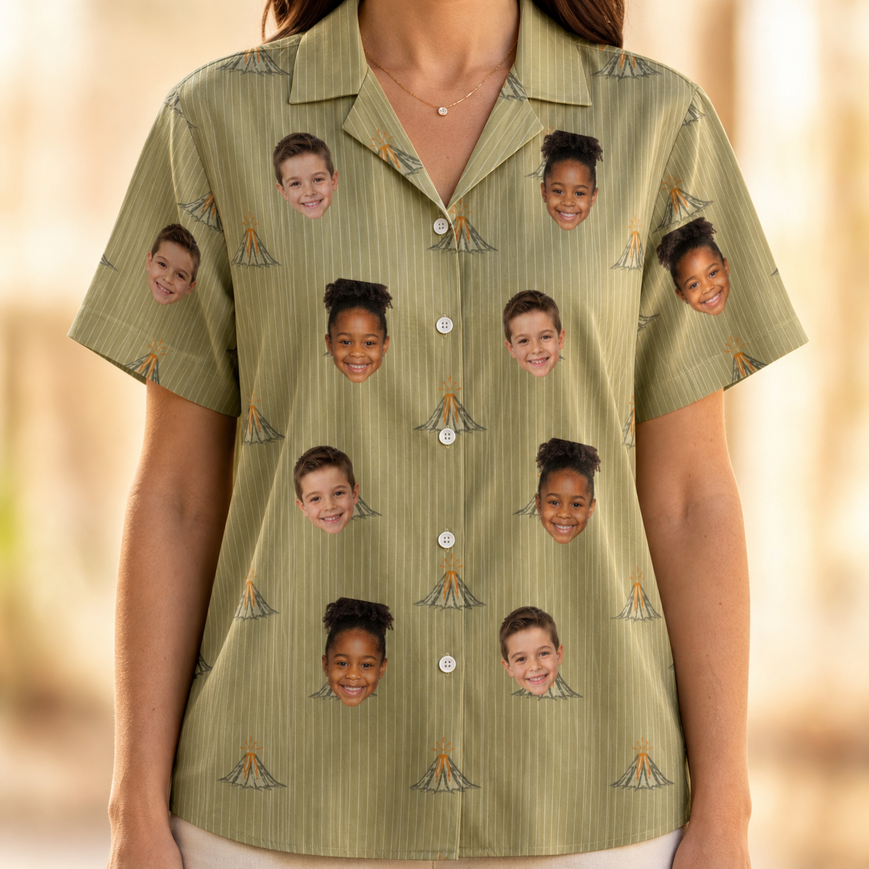 Model wearing Women's Cinder Calypso Custom Face Hawaiian Shirt printed with kids' faces