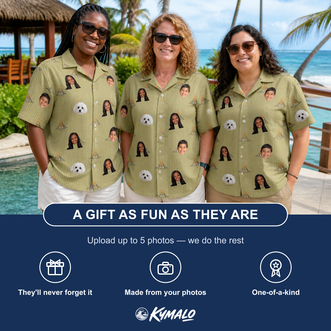 Friends in matching Women's Cinder Calypso Custom Face Hawaiian Shirt — a group gift photo