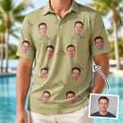 Man wearing Men's Cinder Calypso Custom Face Polo Shirt — custom faces printed all-over
