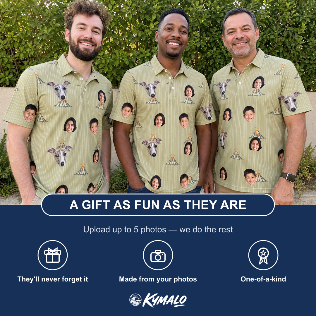 Friends in matching Men's Cinder Calypso Custom Face Polo Shirt — a group gift photo