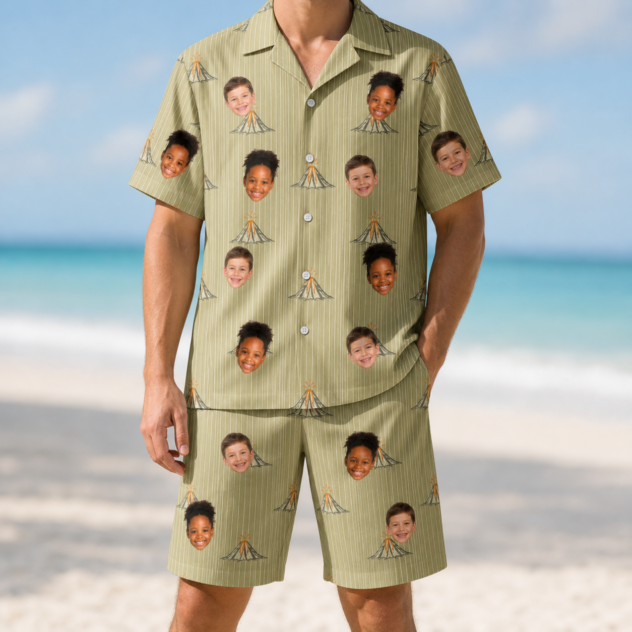 Model wearing Men's Cinder Calypso Custom Face Shirt & Shorts Set printed with kids' faces
