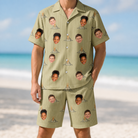 Model wearing Men's Cinder Calypso Custom Face Shirt & Shorts Set printed with kids' faces
