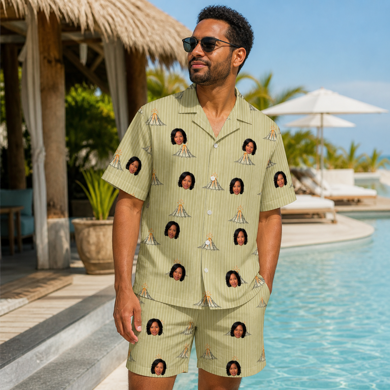 Real-life photo of someone wearing Men's Cinder Calypso Custom Face Shirt & Shorts Set — custom faces printed all-over