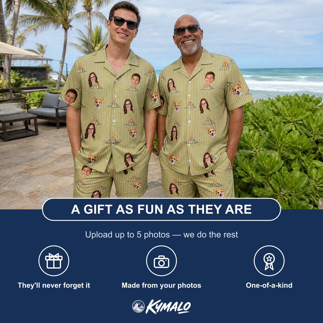 Friends in matching Men's Cinder Calypso Custom Face Shirt & Shorts Set — a group gift photo