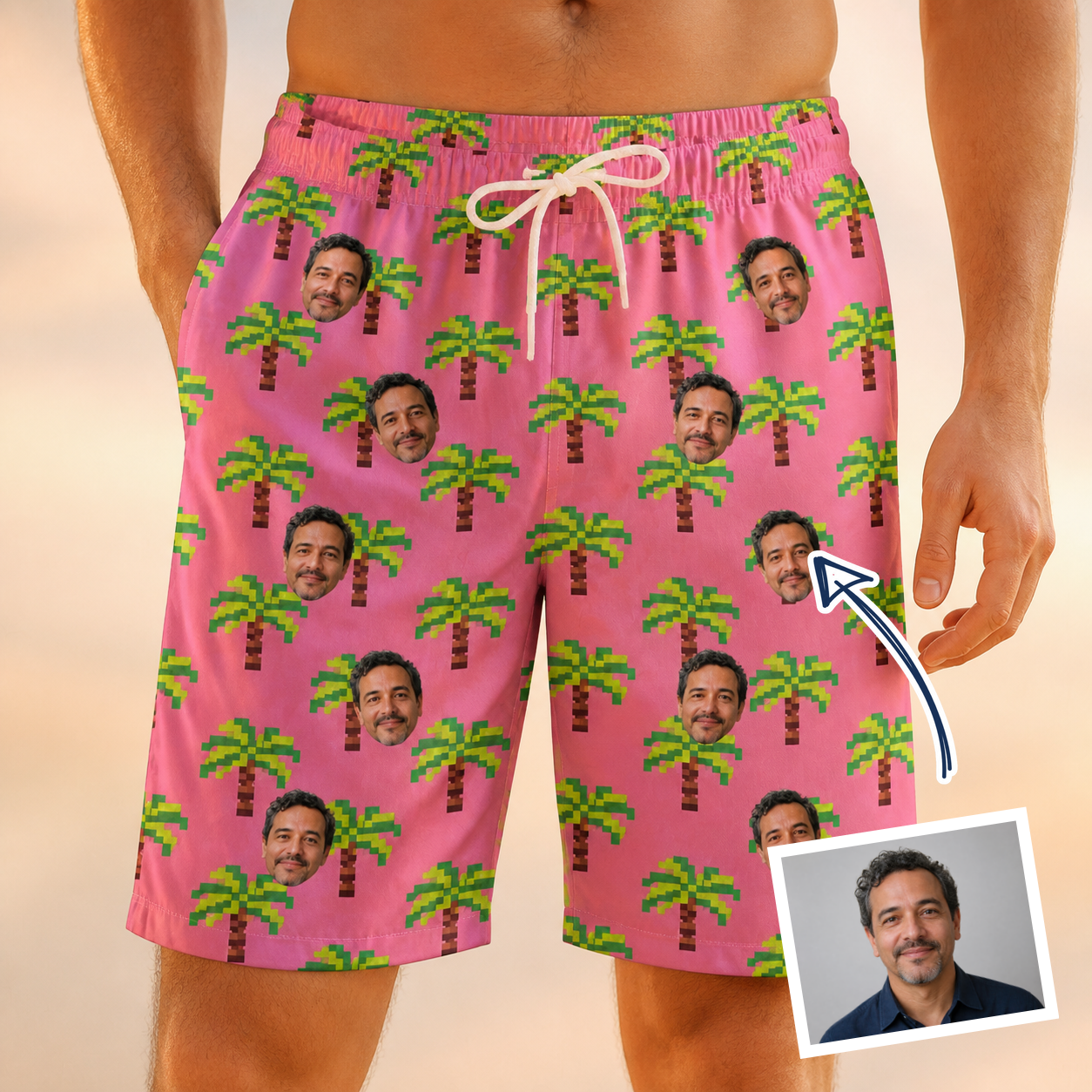 Man wearing Men's Sepia Sojourn Custom Face Beach Shorts — custom faces printed all-over
