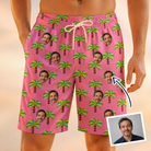 Man wearing Men's Sepia Sojourn Custom Face Beach Shorts — custom faces printed all-over