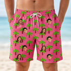 Model wearing Men's Sepia Sojourn Custom Face Beach Shorts printed with kids' faces