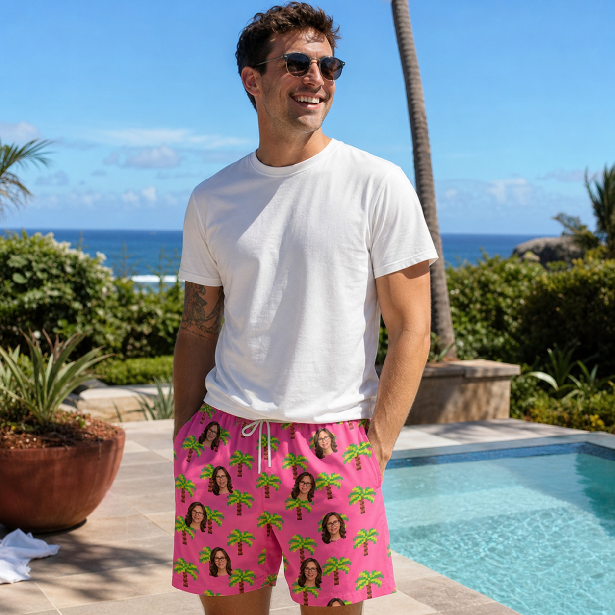 Real-life photo of someone wearing Men's Sepia Sojourn Custom Face Beach Shorts — custom faces printed all-over