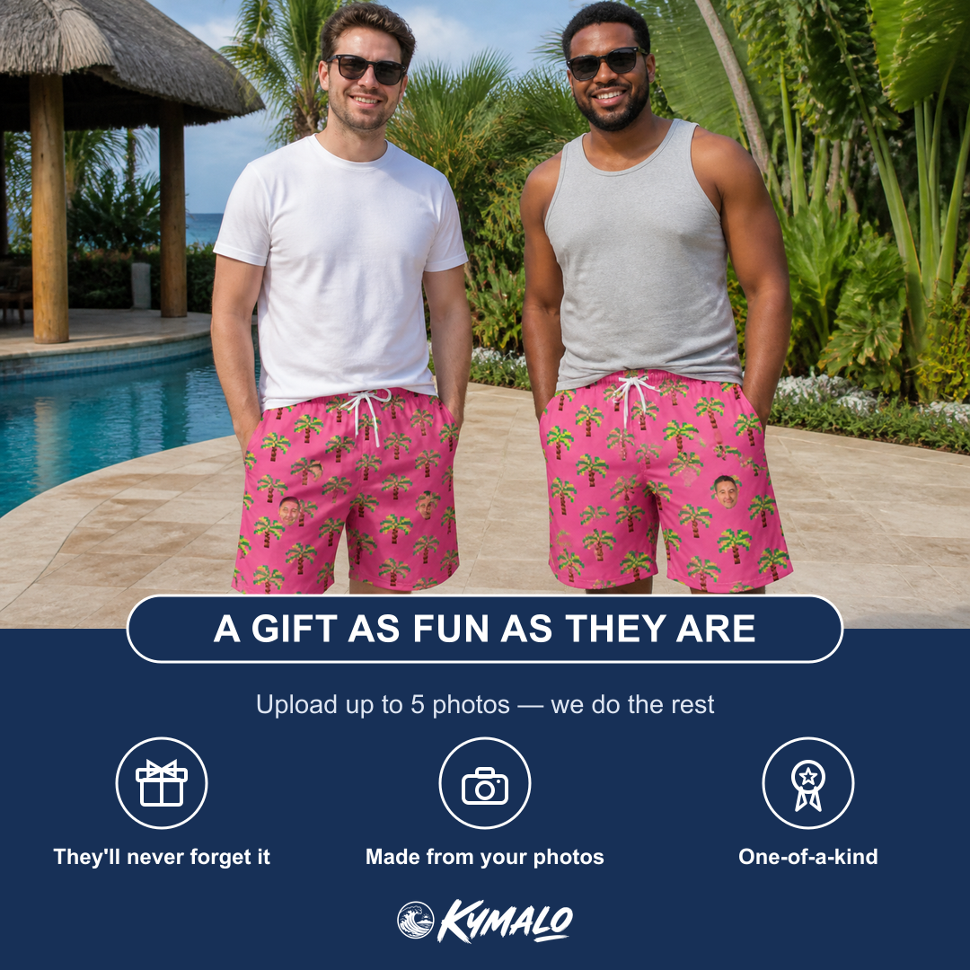 Friends in matching Men's Sepia Sojourn Custom Face Beach Shorts — a group gift photo