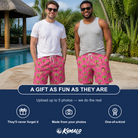 Friends in matching Men's Sepia Sojourn Custom Face Beach Shorts — a group gift photo