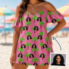 Woman wearing Women's Sepia Sojourn Custom Face Off-Shoulder Dress — custom faces printed all-over