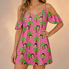 Model wearing Women's Sepia Sojourn Custom Face Off-Shoulder Dress printed with kids' faces