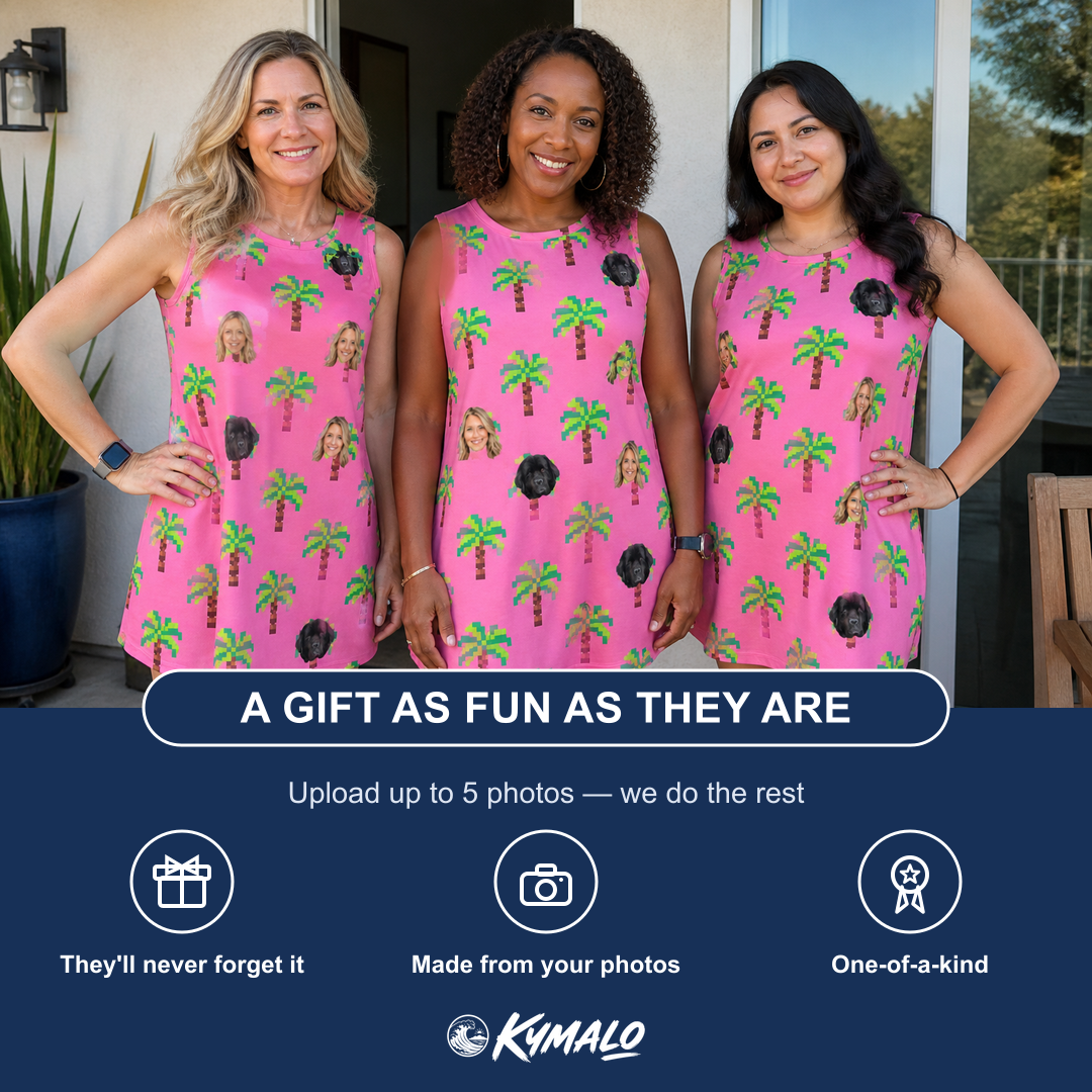 Friends in matching Women's Sepia Sojourn Custom Face Tank Dress — a group gift photo