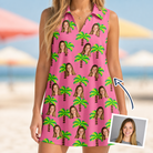 Woman wearing Women's Sepia Sojourn Custom Face V-Neck Dress — custom faces printed all-over