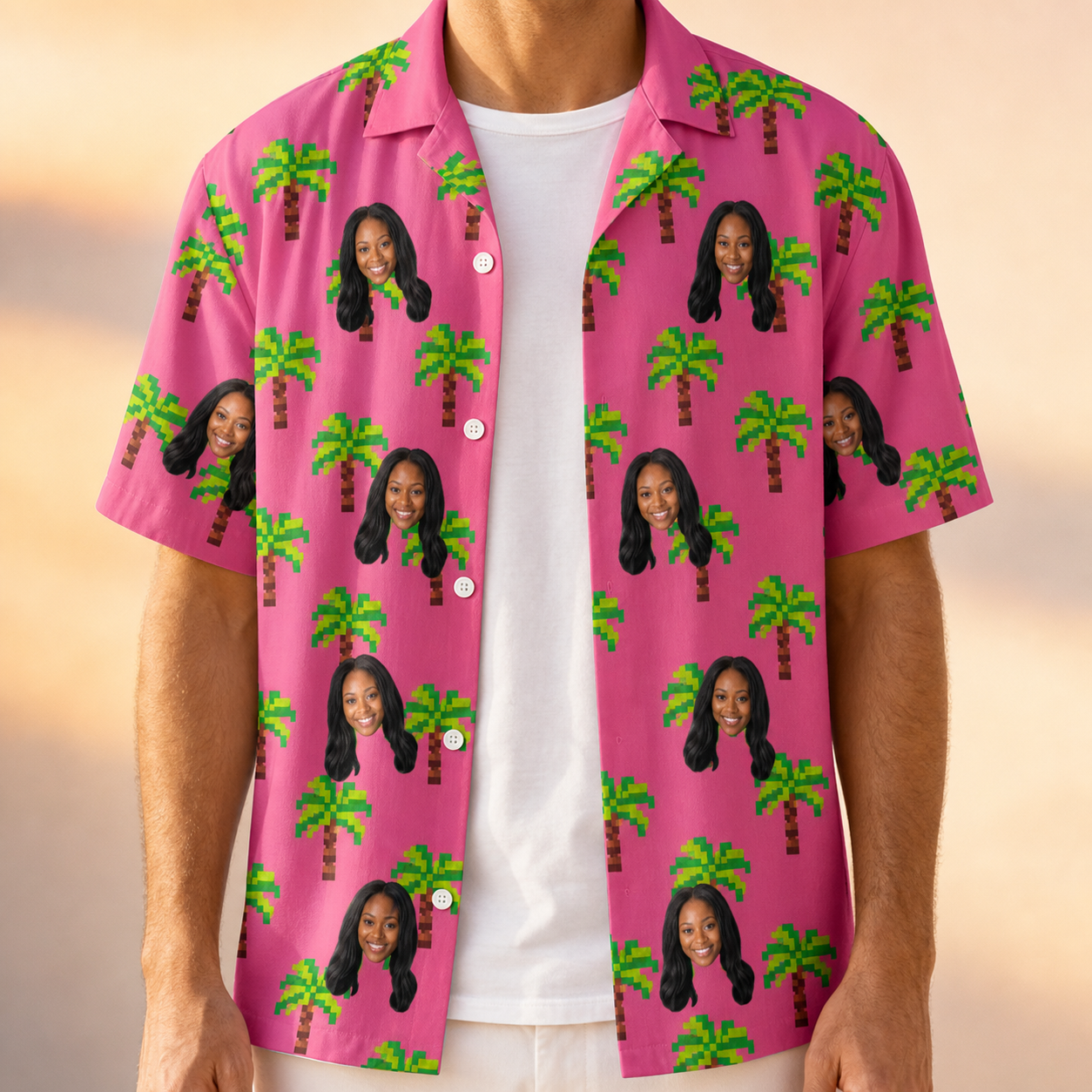Man wearing Men's Sepia Sojourn Custom Face Hawaiian Shirt open over a white tee