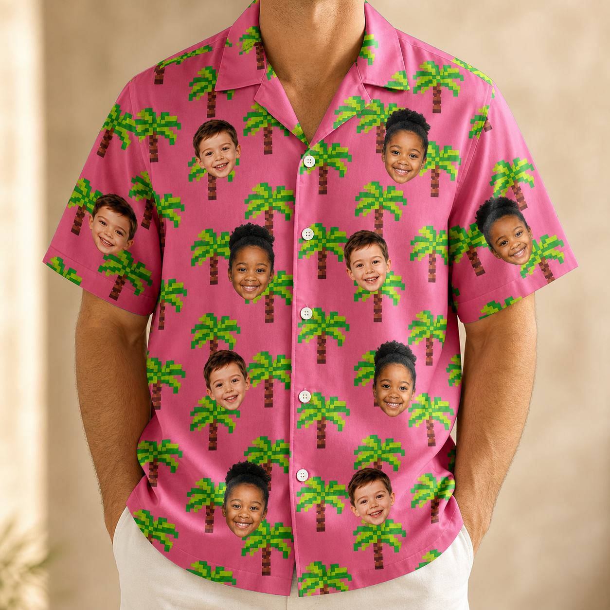 Model wearing Men's Sepia Sojourn Custom Face Hawaiian Shirt printed with kids' faces