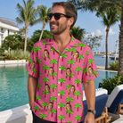 Real-life photo of someone wearing Men's Sepia Sojourn Custom Face Hawaiian Shirt — custom faces printed all-over