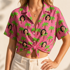 Woman wearing Women's Sepia Sojourn Custom Face Hawaiian Shirt tied at the waist