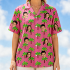 Model wearing Women's Sepia Sojourn Custom Face Hawaiian Shirt printed with kids' faces