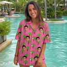 Real-life photo of someone wearing Women's Sepia Sojourn Custom Face Hawaiian Shirt — custom faces printed all-over