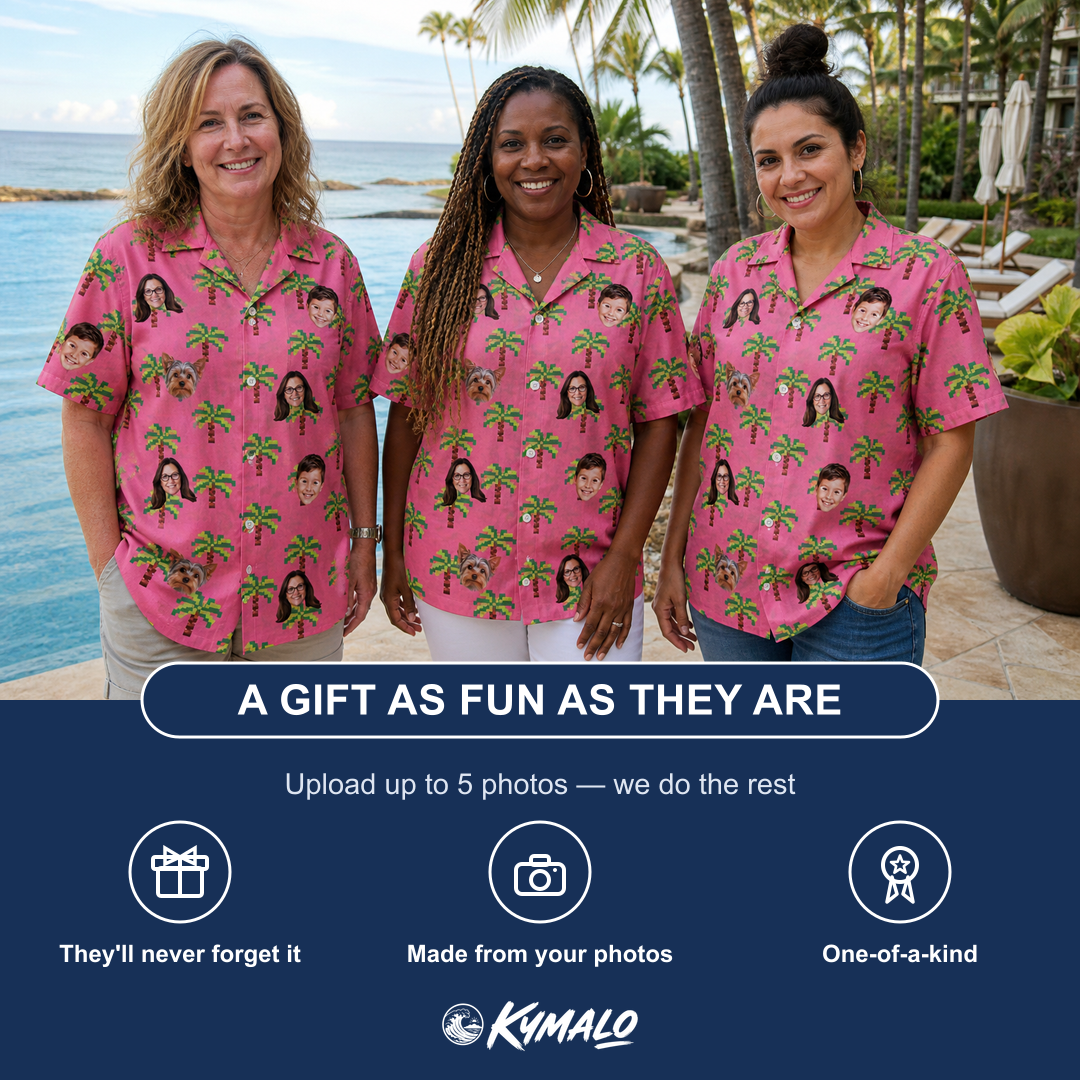 Friends in matching Women's Sepia Sojourn Custom Face Hawaiian Shirt — a group gift photo
