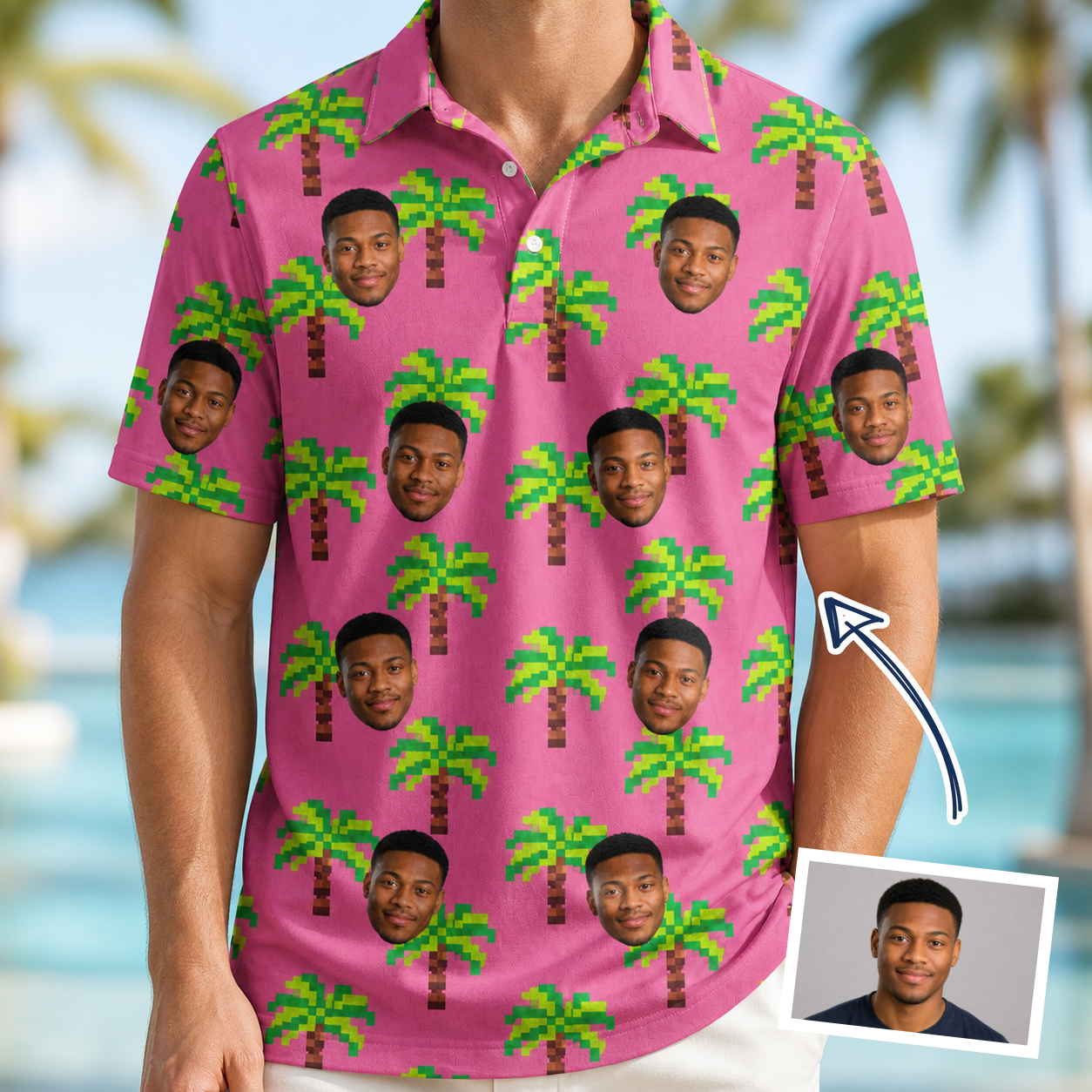 Man wearing Men's Sepia Sojourn Custom Face Polo Shirt — custom faces printed all-over