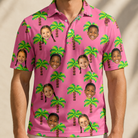Model wearing Men's Sepia Sojourn Custom Face Polo Shirt printed with kids' faces