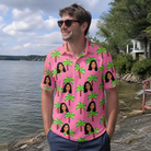 Real-life photo of someone wearing Men's Sepia Sojourn Custom Face Polo Shirt — custom faces printed all-over