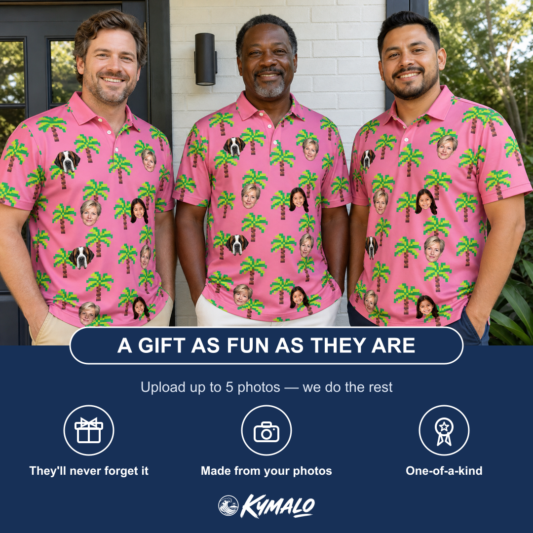 Friends in matching Men's Sepia Sojourn Custom Face Polo Shirt — a group gift photo