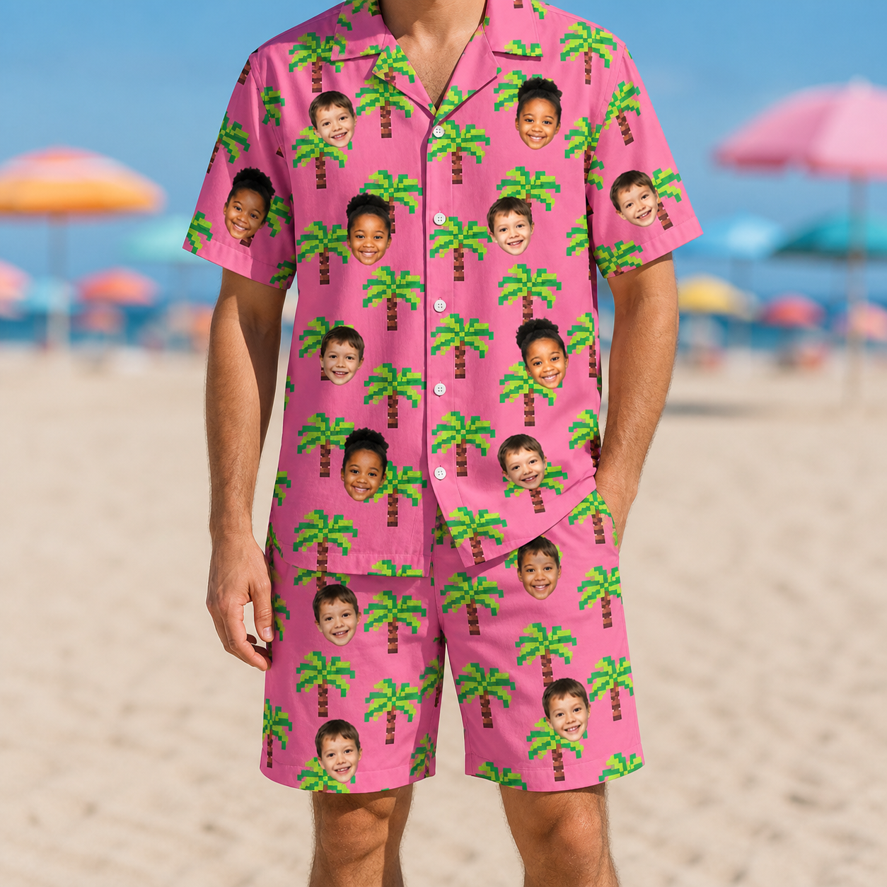 Model wearing Men's Sepia Sojourn Custom Face Shirt & Shorts Set printed with kids' faces