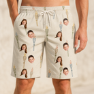 Model wearing Men's Brazier Bohemia Custom Face Beach Shorts printed with kids' faces