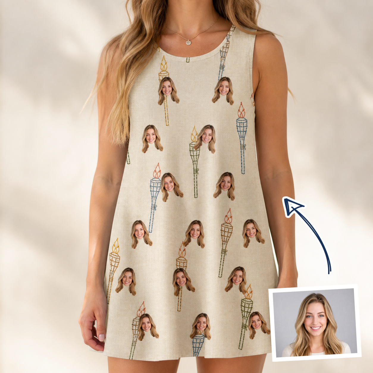 Woman wearing Women's Brazier Bohemia Custom Face Tank Dress — custom faces printed all-over