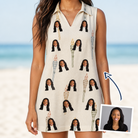Woman wearing Women's Brazier Bohemia Custom Face V-Neck Dress — custom faces printed all-over