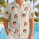 Model wearing Men's Brazier Bohemia Custom Face Hawaiian Shirt printed with kids' faces
