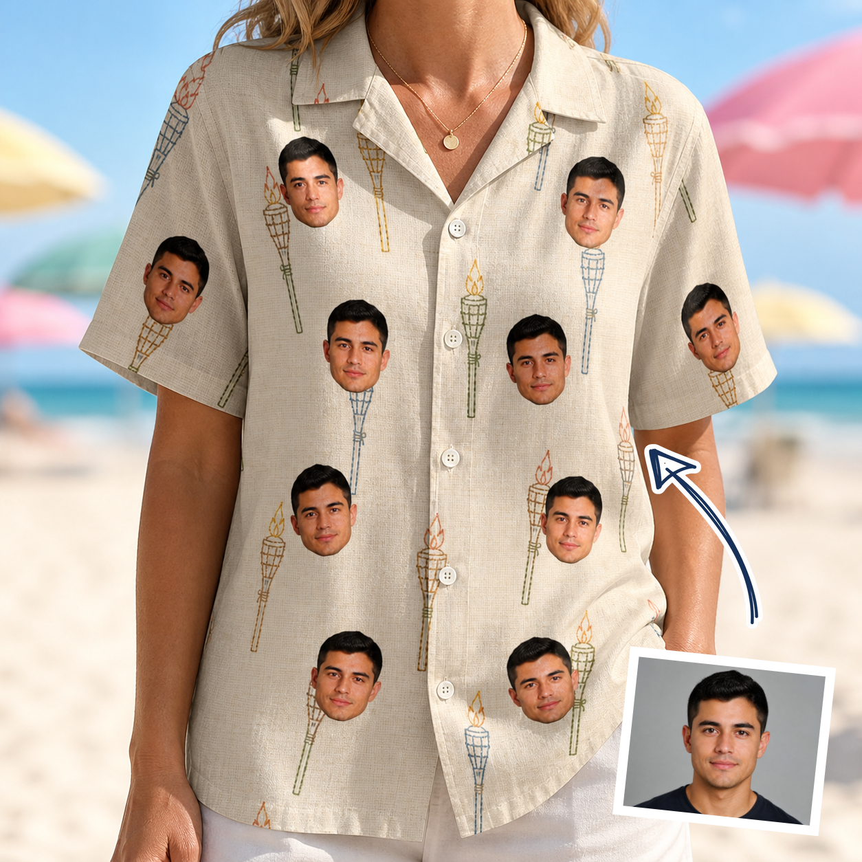 Woman wearing Women's Brazier Bohemia Custom Face Hawaiian Shirt — custom faces printed all-over