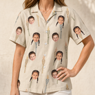 Model wearing Women's Brazier Bohemia Custom Face Hawaiian Shirt printed with kids' faces