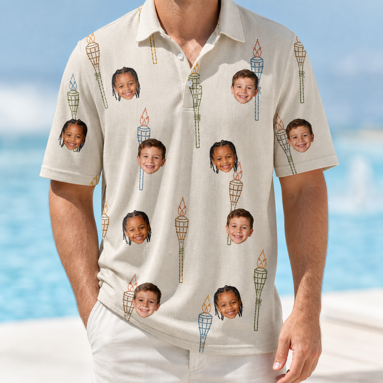 Model wearing Men's Brazier Bohemia Custom Face Polo Shirt printed with kids' faces